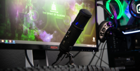 Microphone in front of a computer monitor